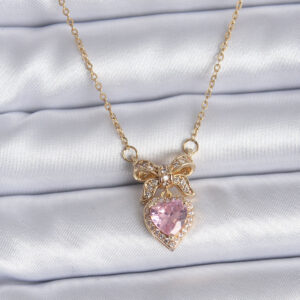 316L Çelik Gold Zincir Pembe Kristal Kalp Model Zirkon Taşlı Kurdele Model Kadın Kolye