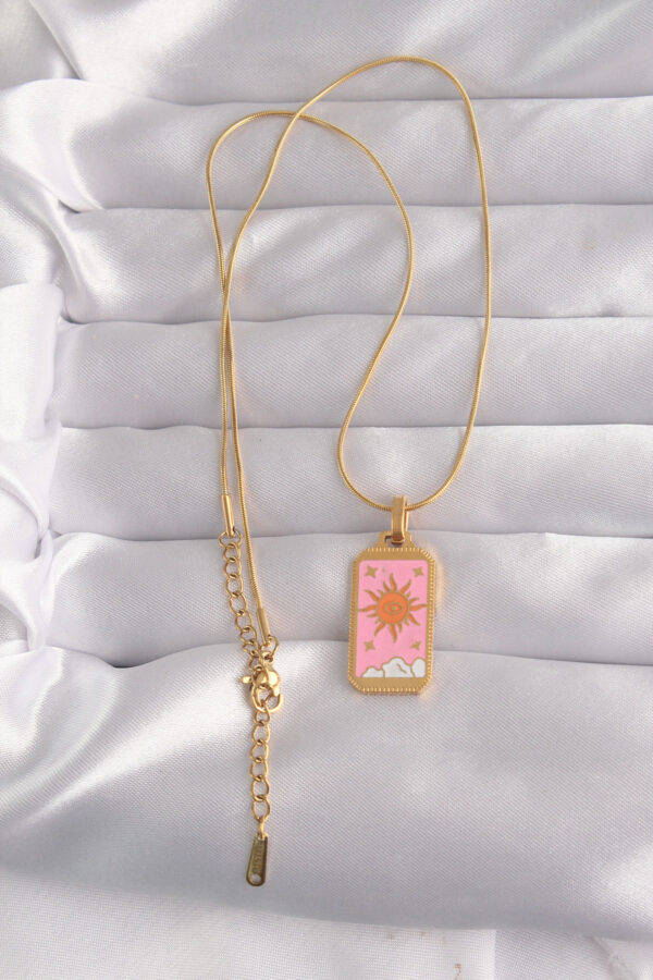 316L Çelik Gold Renk Pembe Mineli Güneş Model Tarot Kolye - Görsel 2