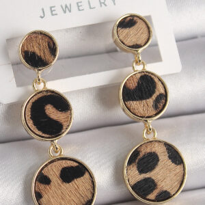 Pirinç Gold Renk 3 Lü Leopar Desenli Sallantı Daire Plaka Model Kadın Küpe