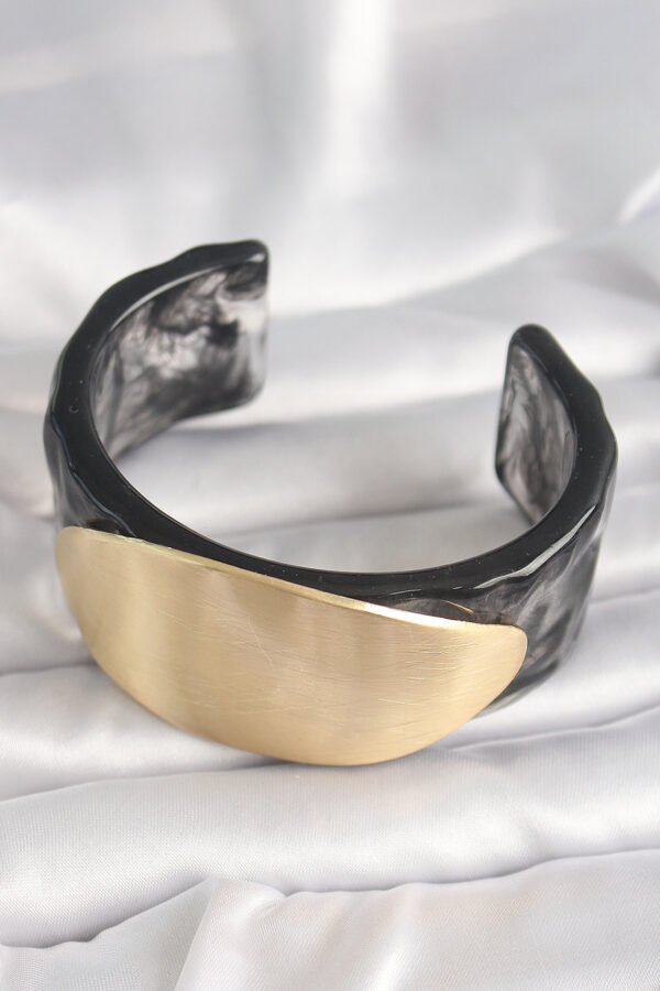 Siyah Mermer Desen Akrilik Plastik Gold Oval Plaka Model Vintage Kadın Bilezik - Görsel 2
