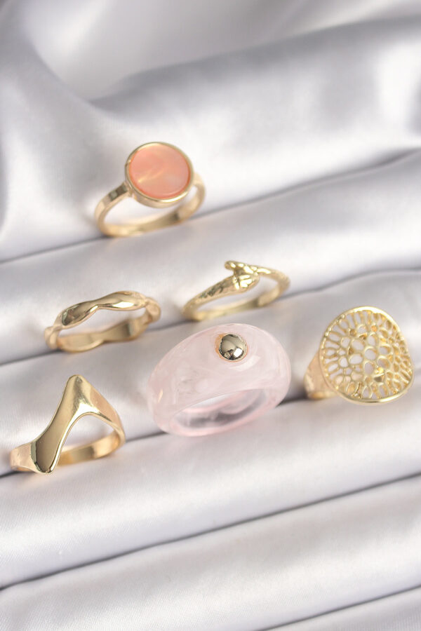 Pirinç Gold Renk Pembe Plastik Yüzük Model Daire Pembe Mine Yılan Detay 6 Lı Kadın Yüzük Seti