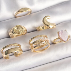 Pirinç Gold Renk Pembe Damla Mineli Sarmal İşleme Detaylı 6 Lı Kadın Yüzük Seti