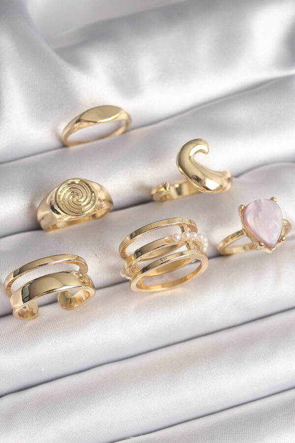Pirinç Gold Renk Pembe Damla Mineli Sarmal İşleme Detaylı 6 Lı Kadın Yüzük Seti