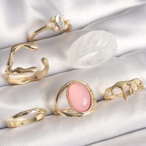 Pirinç Gold Renk Zirkonlı Oval Pembe Mineli 6 Lı Kadın Yüzük Seti