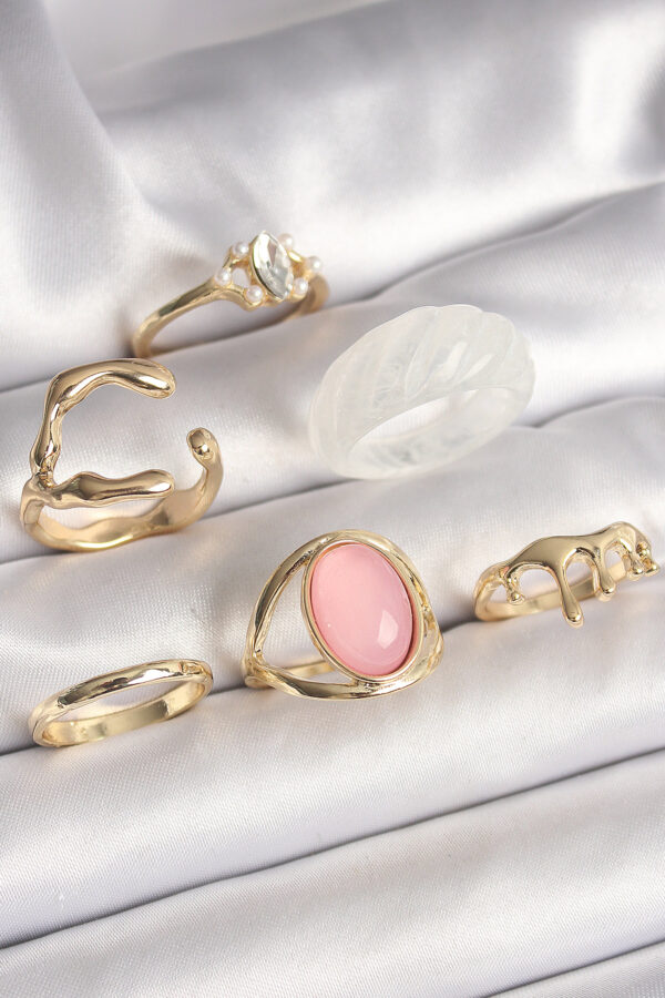 Pirinç Gold Renk Zirkonlı Oval Pembe Mineli 6 Lı Kadın Yüzük Seti