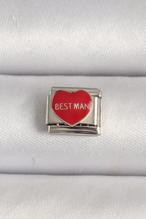 316L Çelik Gümüş Renk  Best Man  Yazılı Kırmızı Kalp İşlemeli Nomination Charm