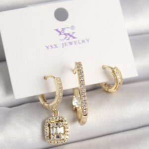 Pirinç Gold Renk Zirkon Taşlı Baget Halka Model 3 Lü Kadın Kombin Küpe