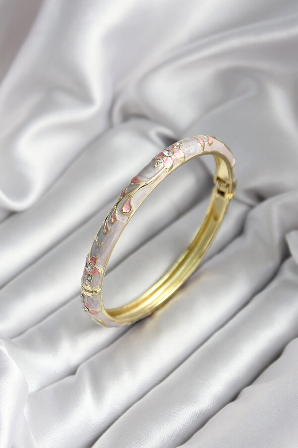 Mineli Pirinç Çiçek Desenli Zirkon Taşlı Gold Renk Kadın Kelepçe (çap 60 mm)