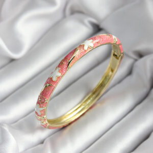 Mineli Pirinç Pembe Çiçek Desenli Gold Renk Kadın Kelepçe (çap 60 mm)