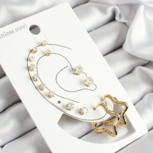 316L Çelik Yıldız Figürlü Ve Zirkon Taşlı Gold Renk 7 li Çift Kadın Küpe Set