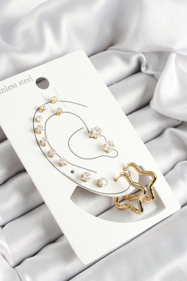 316L Çelik Yıldız Figürlü Ve Zirkon Taşlı Gold Renk 7 li Çift Kadın Küpe Set