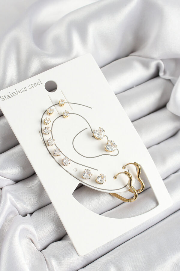 316L Çelik Kalp Figürlü Ve Zirkon Taşlı Gold Renk 7 li Çift Kadın Küpe Set