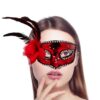 Kırmızı Yandan Tüylü Güllü Taşlı Pullu Maske - Görsel 2
